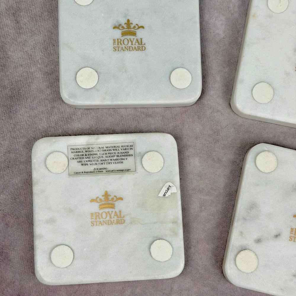 The Royal Standard White Marble Arkansas Brass Inlay Coasters Set of 4